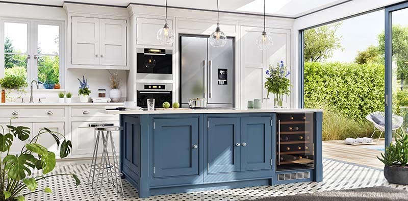 Bright white kitchen makeover with blue painted undercounter cabinets