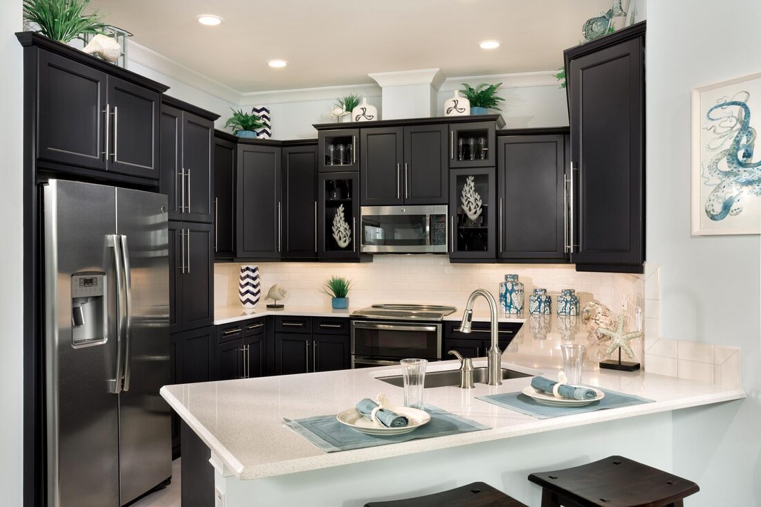 Modern kitchen featuring dark wood cabinets and SS appliances