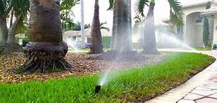 Active lawn sprinklers watering lawn and nearby trees
