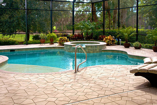  feee form pool and spa under screened patio with landsacped background