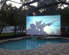outdoor big screen TV overlooking pool area and stone decking