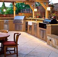 Outdoor cooking area with overhead shading and lattice fencing