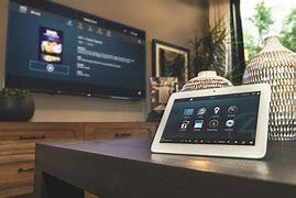 Smart tablet controler for smart home features resting on tabletop