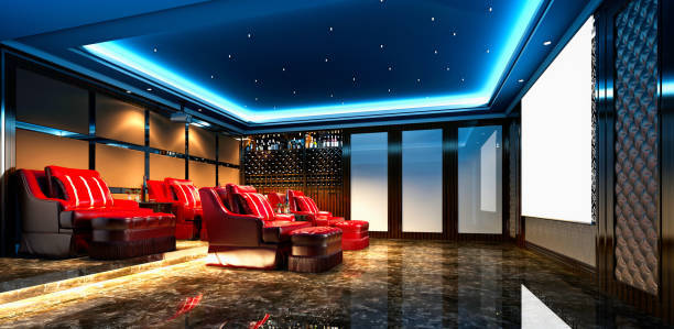 Home theater with accent lighting and red movie style seating